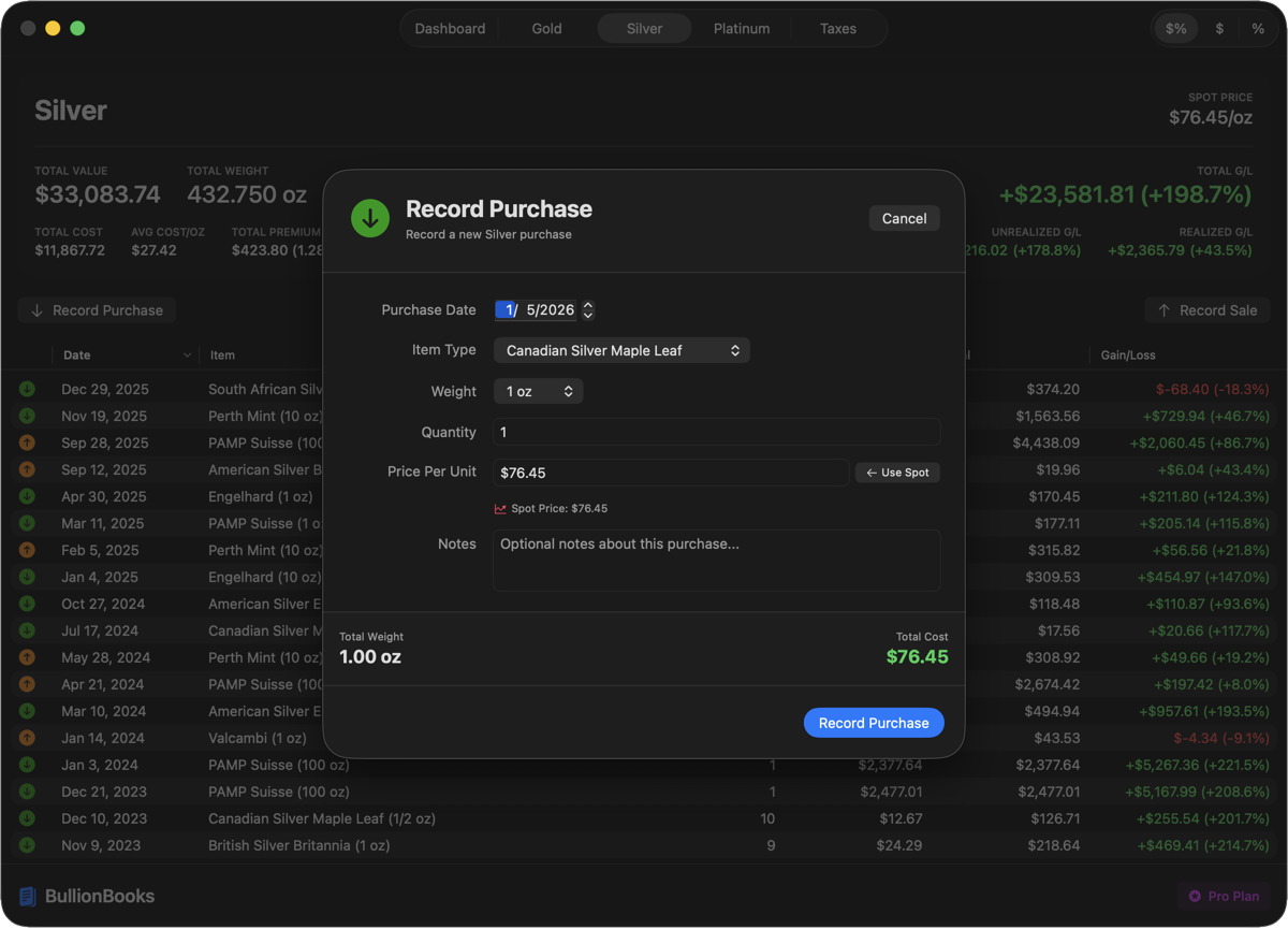 BullionBooks Record Purchase showing detailed lot tracking