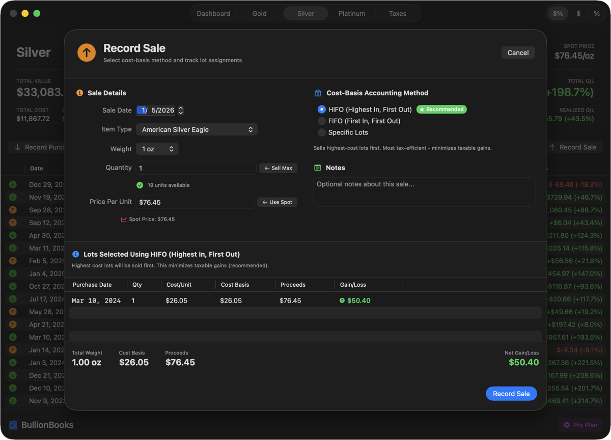 BullionBooks Record Sale showing tax optimization features